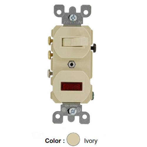 Leviton 5246-I, Duplex Style 3-Way/Neon Pilot AC Combination Switch, Commercial Grade, 15 Amp, 120 Volt, Non-Grounding, Side Wired, Ivory