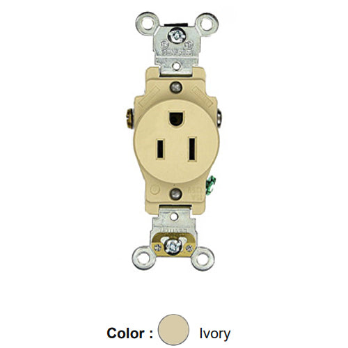 Leviton 5251-I, Standard Straight Blade Single Receptacle, Heavy-Duty Industrial Specification Grade, Smooth Face, 15A 125V, NEMA 5-15R, 2-Pole, 3-Wire, Side Wire Only, Ivory