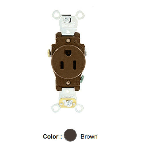 Leviton 5251, Standard Straight Blade Single Receptacle, Heavy-Duty Industrial Specification Grade, Smooth Face, 15A 125V, NEMA 5-15R, 2-Pole, 3-Wire, Side Wire Only, Brown