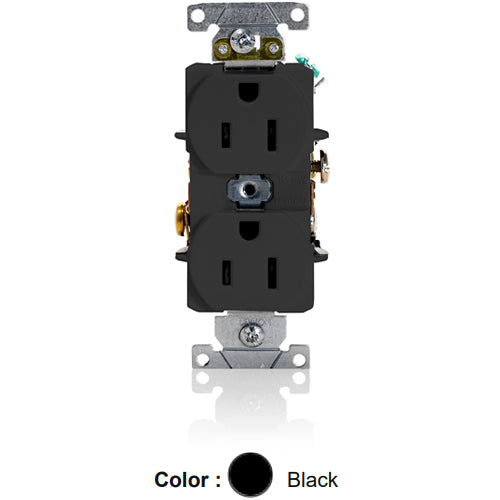 Leviton 5262-SE, Standard Straight Blade Duplex Receptacle, Heavy-Duty Industrial Specification Grade, Smooth Face, 15A 125V, NEMA 5-15R, 2-Pole, 3-Wire, Back and Side Wire, Black
