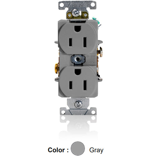 Leviton 5252-GY, Standard Straight Blade Duplex Receptacle, Heavy-Duty Industrial Specification Grade, Smooth Face, 15A 125V, NEMA 5-15R, 2-Pole, 3-Wire, Back and Side Wire, Gray