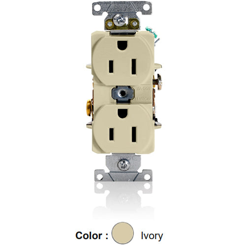 Leviton 5262-SI, Standard Straight Blade Duplex Receptacle, Heavy-Duty Industrial Specification Grade, Smooth Face, 15A 125V, NEMA 5-15R, 2-Pole, 3-Wire, Back and Side Wire, Ivory