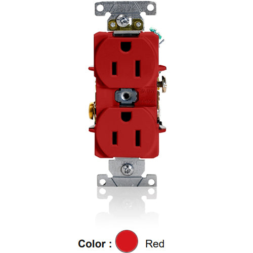 Leviton 5262-SR, Standard Straight Blade Duplex Receptacle, Heavy-Duty Industrial Specification Grade, Smooth Face, 15A 125V, NEMA 5-15R, 2-Pole, 3-Wire, Back and Side Wire, Red