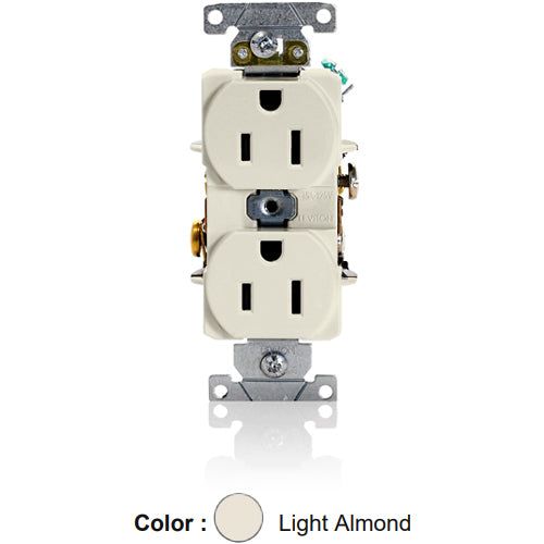 Leviton 5262-ST, Standard Straight Blade Duplex Receptacle, Heavy-Duty Industrial Specification Grade, Smooth Face, 15A 125V, NEMA 5-15R, 2-Pole, 3-Wire, Back and Side Wire, Light Almond