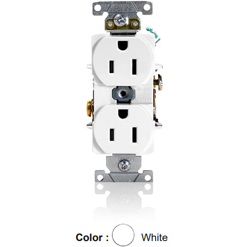 Leviton 5262-SW, Standard Straight Blade Duplex Receptacle, Heavy-Duty Industrial Specification Grade, Smooth Face, 15A 125V, NEMA 5-15R, 2-Pole, 3-Wire, Back and Side Wire, White