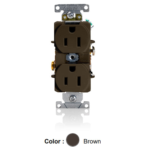 Leviton 5262-S, Standard Straight Blade Duplex Receptacle, Heavy-Duty Industrial Specification Grade, Smooth Face, 15A 125V, NEMA 5-15R, 2-Pole, 3-Wire, Back and Side Wire, Brown