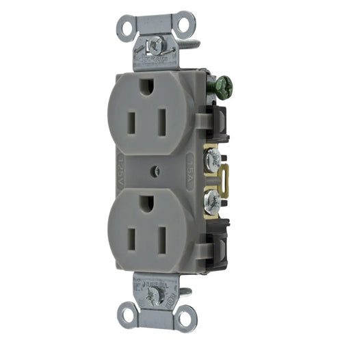 Hubbell-PRO 5252AG, Heavy Duty Duplex Receptacles, Smooth Face, Back and Side Wired, 15A 125V, 5-15R, 2-Pole 3-Wire Grounding, Gray