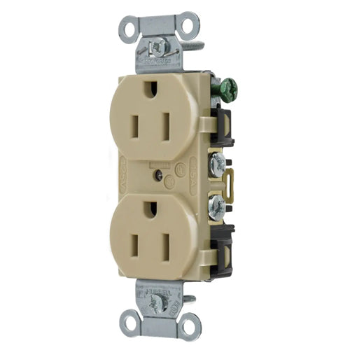 Hubbell-PRO 5252AI, Heavy Duty Duplex Receptacles, Smooth Face, Back and Side Wired, 15A 125V, 5-15R, 2-Pole 3-Wire Grounding, Ivory