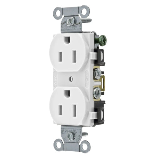 Hubbell-PRO 5252AW, Heavy Duty Duplex Receptacles, Smooth Face, Back and Side Wired, 15A 125V, 5-15R, 2-Pole 3-Wire Grounding, White