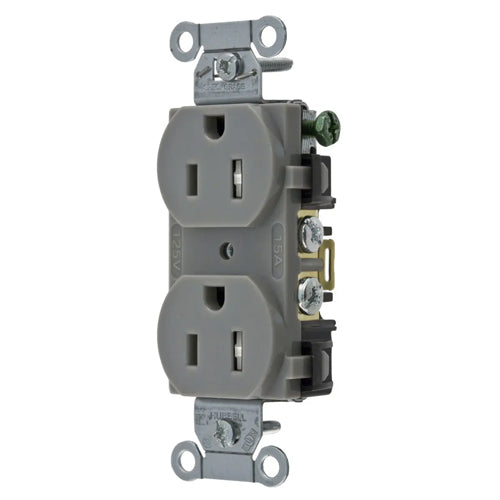 Hubbell-PRO 5252GTR, Heavy Duty Duplex Receptacles, Tamper Resistant, Smooth Face, Back and Side Wired, 15A 125V, 5-15R, 2-Pole 3-Wire Grounding, Gray