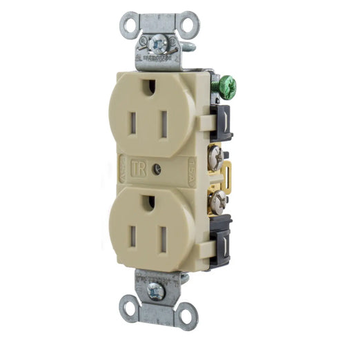 Hubbell-PRO 5252ITR, Heavy Duty Duplex Receptacles, Tamper Resistant, Smooth Face, Back and Side Wired, 15A 125V, 5-15R, 2-Pole 3-Wire Grounding, Ivory