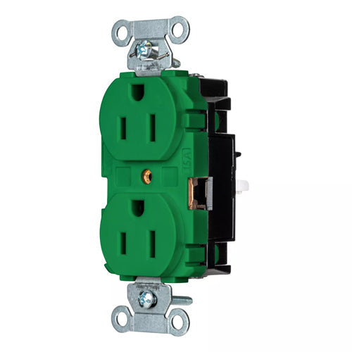 Hubbell-PRO 5252STGN, EdgeConnect Extra Heavy Duty Duplex Receptacles, Smooth Face, Screwless Terminal, 15A 125V, 5-15R, 2-Pole 3-Wire Grounding, Green