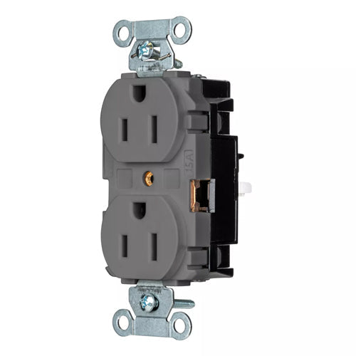 Hubbell-PRO 5252STGY, EdgeConnect Extra Heavy Duty Duplex Receptacles, Smooth Face, Screwless Terminal, 15A 125V, 5-15R, 2-Pole 3-Wire Grounding, Gray