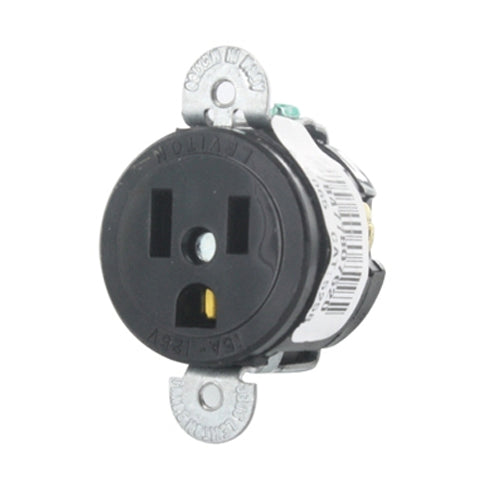 Leviton 5258-SS, Straight Blade Short Strap Single Receptacle, Commercial Specification Grade, Tapped Mounting Holes, Smooth Face, 15A 125V, NEMA 5-15R, 2-Pole, 3-Wire, Side Wire Only, Black