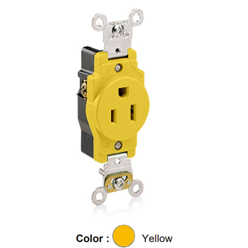 Leviton 5261-CR, Standard Straight Blade Single Receptacle, Heavy-Duty Industrial Specification Grade, Corrosion-Resistant, Smooth Face, 15A 125V, NEMA 5-15R, 2-Pole, 3-Wire, Back and Side Wire, Yellow