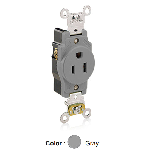 Leviton 5261-GY, Standard Straight Blade Single Receptacle, Heavy-Duty Industrial Specification Grade, Smooth Face, 15A 125V, NEMA 5-15R, 2-Pole, 3-Wire, Back and Side Wire, Gray