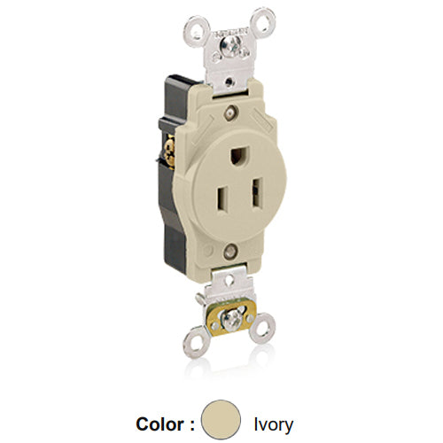 Leviton 5261-I, Standard Straight Blade Single Receptacle, Heavy-Duty Industrial Specification Grade, Smooth Face, 15A 125V, NEMA 5-15R, 2-Pole, 3-Wire, Back and Side Wire, Ivory