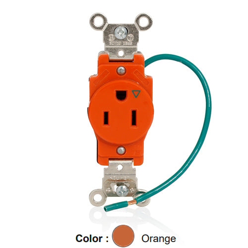 Leviton 5261-IG, Standard Straight Blade Single Receptacle, Heavy-Duty Industrial Specification Grade, Smooth Face, Isolated Ground , 15A 125V, NEMA 5-15R, 2-Pole, 3-Wire, Back and Side Wire, Orange