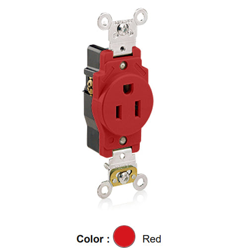 Leviton 5261-R, Standard Straight Blade Single Receptacle, Heavy-Duty Industrial Specification Grade, Smooth Face, 15A 125V, NEMA 5-15R, 2-Pole, 3-Wire, Back and Side Wire, Red