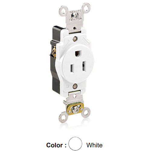 Leviton 5261-W, Standard Straight Blade Single Receptacle, Heavy-Duty Industrial Specification Grade, Smooth Face, 15A 125V, NEMA 5-15R, 2-Pole, 3-Wire, Back and Side Wire, White