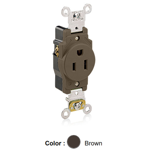 Leviton 5261, Standard Straight Blade Single Receptacle, Heavy-Duty Industrial Specification Grade, Smooth Face, 15A 125V, NEMA 5-15R, 2-Pole, 3-Wire, Back and Side Wire, Brown