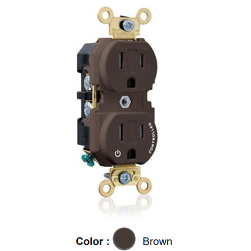 Leviton 5262-1P, Standard Straight Blade Duplex Receptacle, Extra Heavy-Duty Industrial Specification Grade, Split-Circuit, One Outlet Marked ''Controlled'', Tamper-Resistant, Smooth Face, 15A 125V, NEMA 5-15R, 2-Pole, 3-Wire, Back and Side Wire, Brown