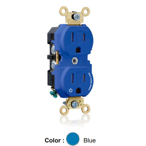Leviton 5262-1PB, Standard Straight Blade Duplex Receptacle, Extra Heavy-Duty Industrial Specification Grade, Split-Circuit, One Outlet Marked ''Controlled'', Tamper-Resistant, Smooth Face, 15A 125V, NEMA 5-15R, 2-Pole, 3-Wire, Back and Side Wire, Blue