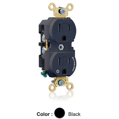 Leviton 5262-1PE, Standard Straight Blade Duplex Receptacle, Extra Heavy-Duty Industrial Specification Grade, Split-Circuit, One Outlet Marked ''Controlled'', Tamper-Resistant, Smooth Face, 15A 125V, NEMA 5-15R, 2-Pole, 3-Wire, Back and Side Wire, Black