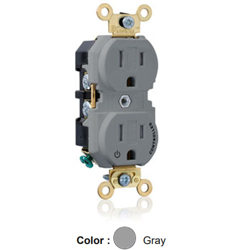 Leviton 5262-1PG, Standard Straight Blade Duplex Receptacle, Extra Heavy-Duty Industrial Specification Grade, Split-Circuit, One Outlet Marked ''Controlled'', Tamper-Resistant, Smooth Face, 15A 125V, NEMA 5-15R, 2-Pole, 3-Wire, Back and Side Wire, Gray