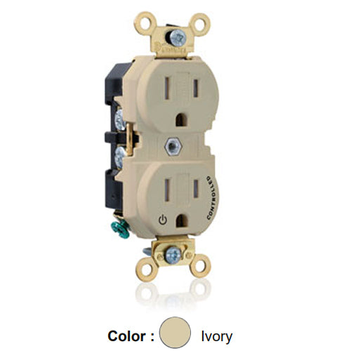 Leviton 5262-1PI, Standard Straight Blade Duplex Receptacle, Extra Heavy-Duty Industrial Specification Grade, Split-Circuit, One Outlet Marked ''Controlled'', Tamper-Resistant, Smooth Face, 15A 125V, NEMA 5-15R, 2-Pole, 3-Wire, Back and Side Wire, Ivory