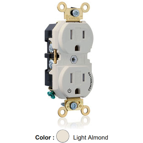 Leviton 5262-1PT, Standard Straight Blade Duplex Receptacle, Extra Heavy-Duty Industrial Specification Grade, Split-Circuit, One Outlet Marked ''Controlled'', Tamper-Resistant, 15A 125V, NEMA 5-15R, 2-Pole, 3-Wire, Back and Side Wire, Light Almond