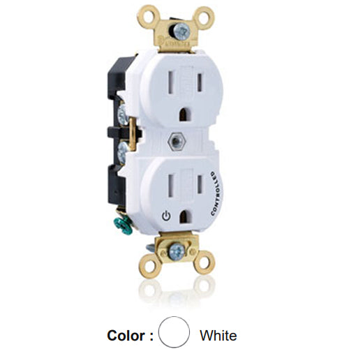 Leviton 5262-1PW, Standard Straight Blade Duplex Receptacle, Extra Heavy-Duty Industrial Specification Grade, Split-Circuit, One Outlet Marked ''Controlled'', Tamper-Resistant, Smooth Face, 15A 125V, NEMA 5-15R, 2-Pole, 3-Wire, Back and Side Wire, White