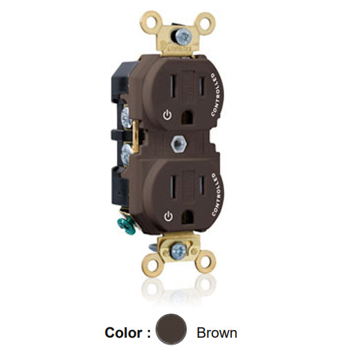 Leviton 5262-2P, Standard Straight Blade Duplex Receptacle, Extra Heavy-Duty Industrial Specification Grade, Two Outlets Marked ''Controlled'', Tamper-Resistant, Smooth Face, 15A 125V, NEMA 5-15R, 2-Pole, 3-Wire, Back and Side Wire, Brown