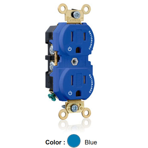 Leviton 5262-2PB, Standard Straight Blade Duplex Receptacle, Extra Heavy-Duty Industrial Specification Grade, Two Outlets Marked ''Controlled'', Tamper-Resistant, Smooth Face, 15A 125V, NEMA 5-15R, 2-Pole, 3-Wire, Back and Side Wire, Blue