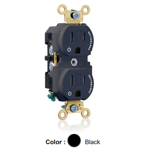 Leviton 5262-2PE, Standard Straight Blade Duplex Receptacle, Extra Heavy-Duty Industrial Specification Grade, Two Outlets Marked ''Controlled'', Tamper-Resistant, Smooth Face, 15A 125V, NEMA 5-15R, 2-Pole, 3-Wire, Back and Side Wire, Black