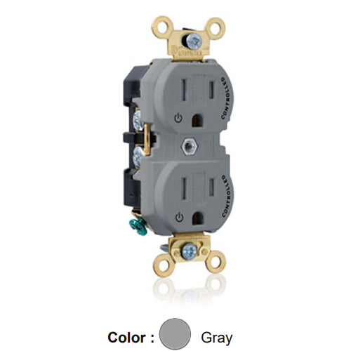 Leviton 5262-2PG, Standard Straight Blade Duplex Receptacle, Extra Heavy-Duty Industrial Specification Grade, Two Outlets Marked ''Controlled'', Tamper-Resistant, Smooth Face, 15A 125V, NEMA 5-15R, 2-Pole, 3-Wire, Back and Side Wire, Gray