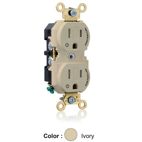 Leviton 5262-2PI, Standard Straight Blade Duplex Receptacle, Extra Heavy-Duty Industrial Specification Grade, Two Outlets Marked ''Controlled'', Tamper-Resistant, Smooth Face, 15A 125V, NEMA 5-15R, 2-Pole, 3-Wire, Back and Side Wire, Ivory