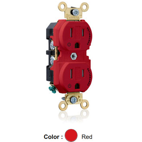 Leviton 5262-2PR, Standard Straight Blade Duplex Receptacle, Extra Heavy-Duty Industrial Specification Grade, Two Outlets Marked ''Controlled'', Tamper-Resistant, Smooth Face, 15A 125V, NEMA 5-15R, 2-Pole, 3-Wire, Back and Side Wire, Red