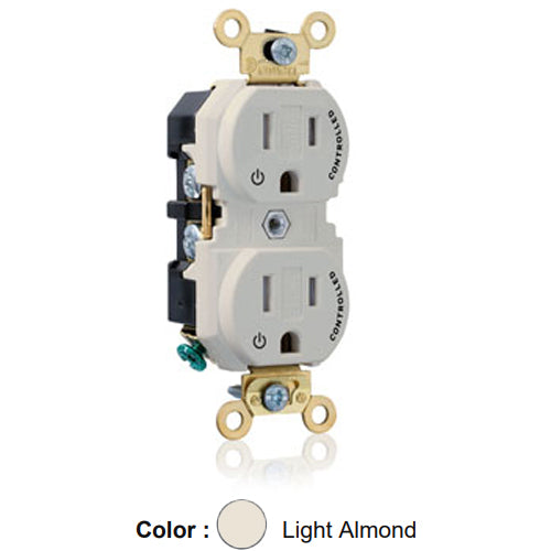 Leviton 5262-2PT, Standard Straight Blade Duplex Receptacle, Extra Heavy-Duty Industrial Specification Grade, Two Outlets Marked ''Controlled'', Tamper-Resistant, Smooth Face, 15A 125V, NEMA 5-15R, 2-Pole, 3-Wire, Back and Side Wire, Light Almond