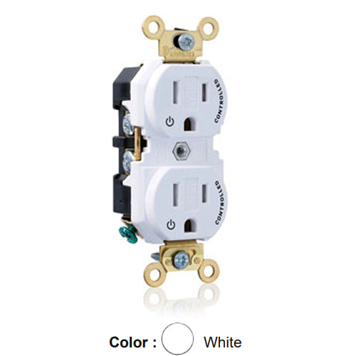 Leviton 5262-2PW, Standard Straight Blade Duplex Receptacle, Extra Heavy-Duty Industrial Specification Grade, Two Outlets Marked ''Controlled'', Tamper-Resistant, Smooth Face, 15A 125V, NEMA 5-15R, 2-Pole, 3-Wire, Back and Side Wire, White