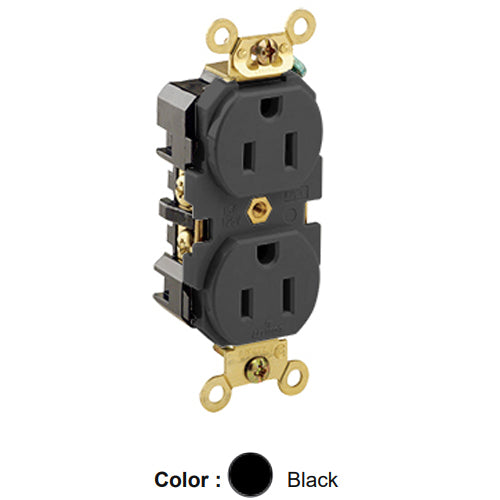 Leviton 5262-E, Standard Straight Blade Duplex Receptacle, Extra Heavy-Duty Industrial Specification Grade, Smooth Face, 15A 125V, NEMA 5-15R, 2-Pole, 3-Wire, Back and Side Wire, Black