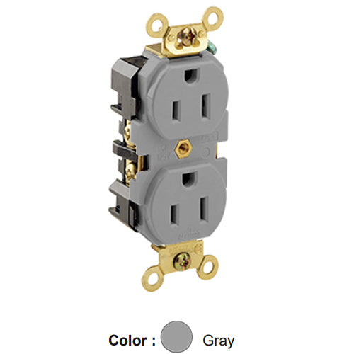 Leviton 5262-GY, Standard Straight Blade Duplex Receptacle, Extra Heavy-Duty Industrial Specification Grade, Smooth Face, 15A 125V, NEMA 5-15R, 2-Pole, 3-Wire, Back and Side Wire, Gray