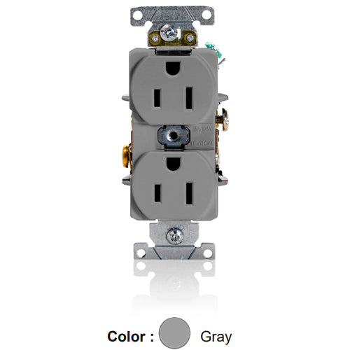 Leviton 5262-GYS, Standard Straight Blade Duplex Receptacle, Heavy-Duty Industrial Specification Grade, Smooth Face, 15A 125V, NEMA 5-15R, 2-Pole, 3-Wire, Back and Side Wire, Steel Strap, Gray