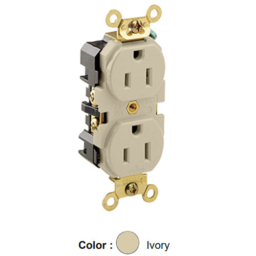 Leviton 5262-I, Standard Straight Blade Duplex Receptacle, Extra Heavy-Duty Industrial Specification Grade, Smooth Face, 15A 125V, NEMA 5-15R, 2-Pole, 3-Wire, Back and Side Wire, Ivory