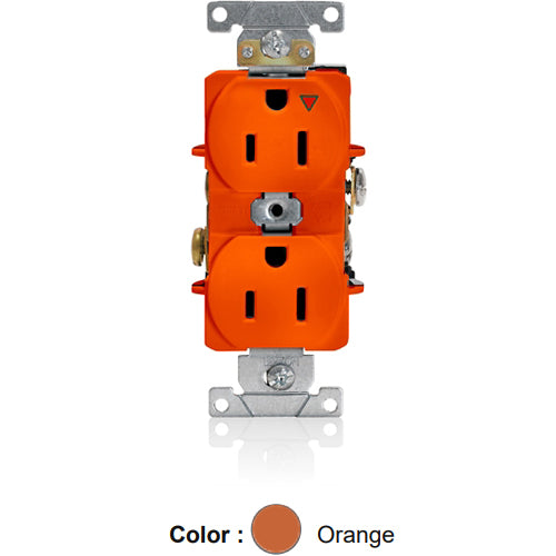 Leviton 5262-IG, Standard Straight Blade Duplex Receptacle, Heavy-Duty Industrial Specification Grade, Smooth Face, Isolated Ground, 15A 125V, NEMA 5-15R, 2-Pole, 3-Wire, Back and Side Wire, Orange