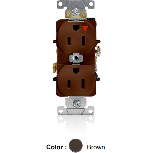 Leviton 5262-IGB, Standard Straight Blade Duplex Receptacle, Heavy-Duty Industrial Specification Grade, Smooth Face, Isolated Ground, 15A 125V, NEMA 5-15R, 2-Pole, 3-Wire, Back and Side Wire, Brown