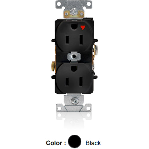 Leviton 5262-IGE, Standard Straight Blade Duplex Receptacle, Heavy-Duty Industrial Specification Grade, Smooth Face, 15A 125V, NEMA 5-15R, 2-Pole, 3-Wire, Back and Side Wire, Black