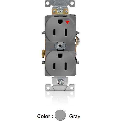 Leviton 5262-IGG, Standard Straight Blade Duplex Receptacle, Heavy-Duty Industrial Specification Grade, Smooth Face, Isolated Ground, 15A 125V, NEMA 5-15R, 2-Pole, 3-Wire, Back and Side Wire, Gray
