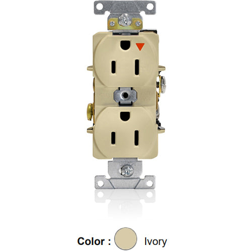 Leviton 5262-IGI, Standard Straight Blade Duplex Receptacle, Heavy-Duty Industrial Specification Grade, Smooth Face, Isolated Ground, 15A 125V, NEMA 5-15R, 2-Pole, 3-Wire, Back and Side Wire, Ivory