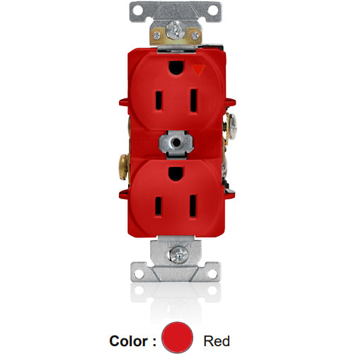 Leviton 5262-IGR, Standard Straight Blade Duplex Receptacle, Heavy-Duty Industrial Specification Grade, Smooth Face, Isolated Ground, 15A 125V, NEMA 5-15R, 2-Pole, 3-Wire, Back and Side Wire, Red